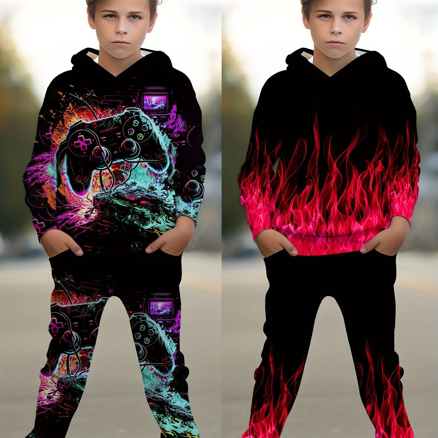 4-piece Set, Boys Printed Hoodie & Pant Pocket Set