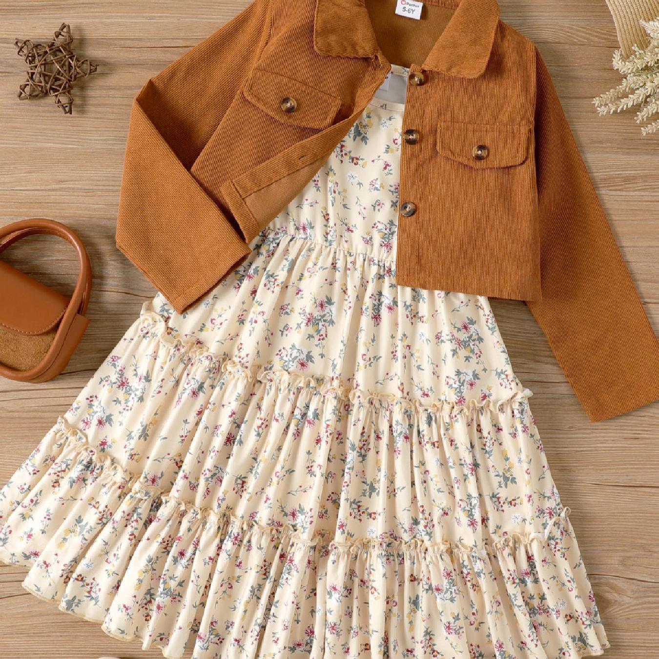 Girl's 2pcs Lapel Collar Jacket and Floral Ruffled Dress Set