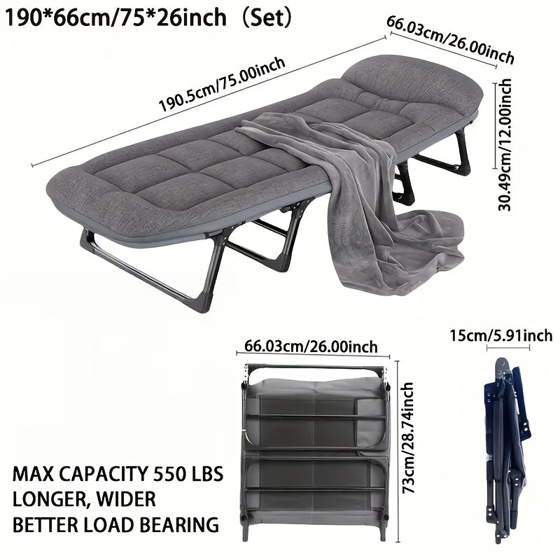 75-inch adjustable folding bed offers a portable and comfortable sleeping  outdoors.
