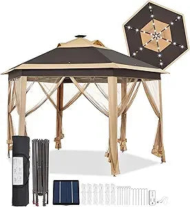 13x13 Pop Up Hexagonal Gazebo with Mesh Sides and Solar LED Lights