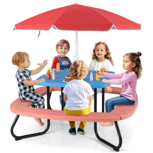 Kids Picnic Table Set with Umbrella and 4 Built-in Benches