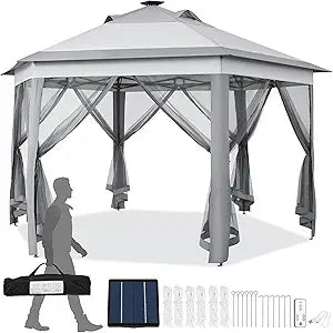 13x13 Pop Up Hexagonal Gazebo with Mesh Sides and Solar LED Lights