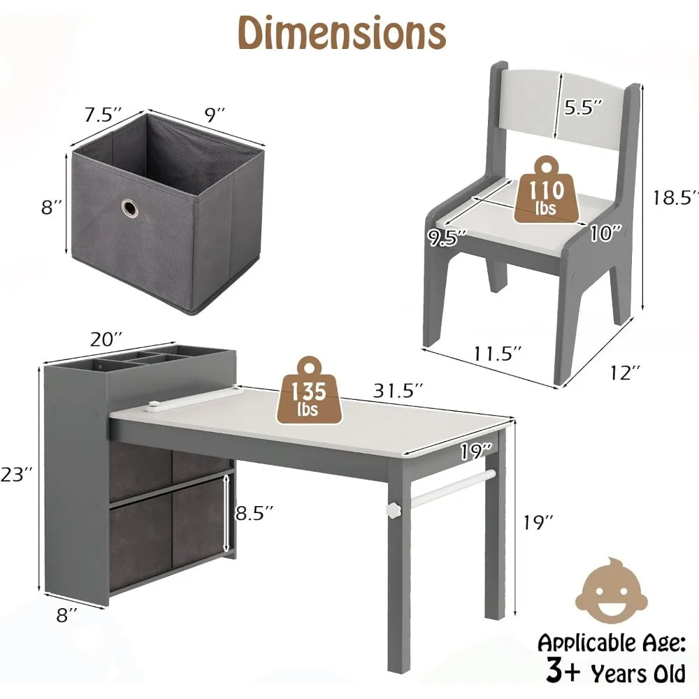 Wooden Kids Art Table with Chairs and Storage