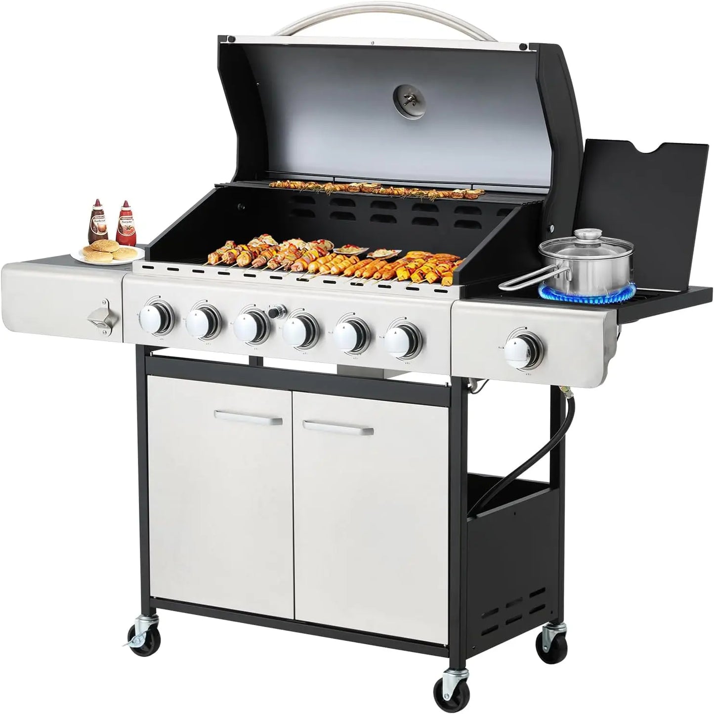 4 And 6 Burner BBQ Propane Gas Grill, 58,000 BTU Stainless Steel.