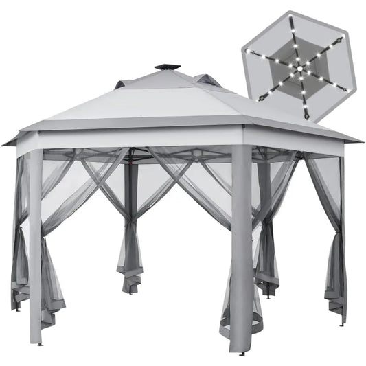 Pop Up Patio Gazebo with Mesh Sides and Solar LED Lights 13×13