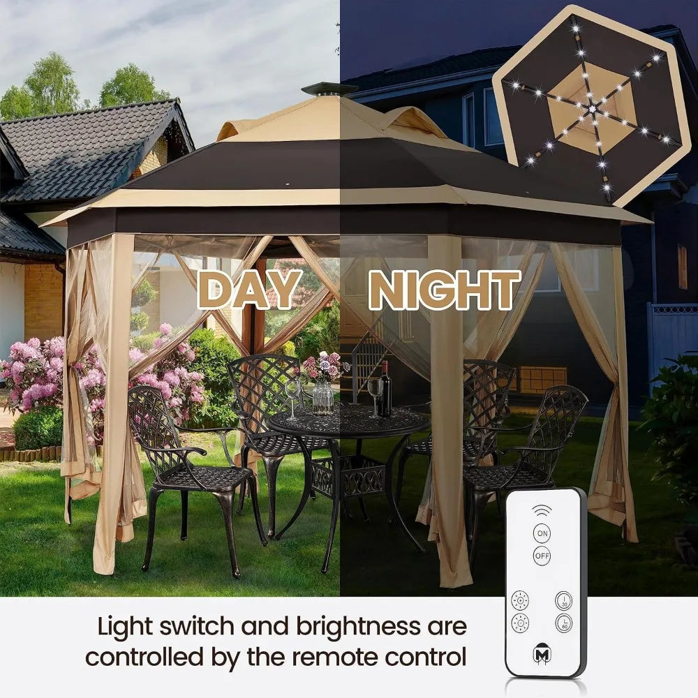 13x13 Pop Up Hexagonal Gazebo with Mesh Sides and Solar LED Lights