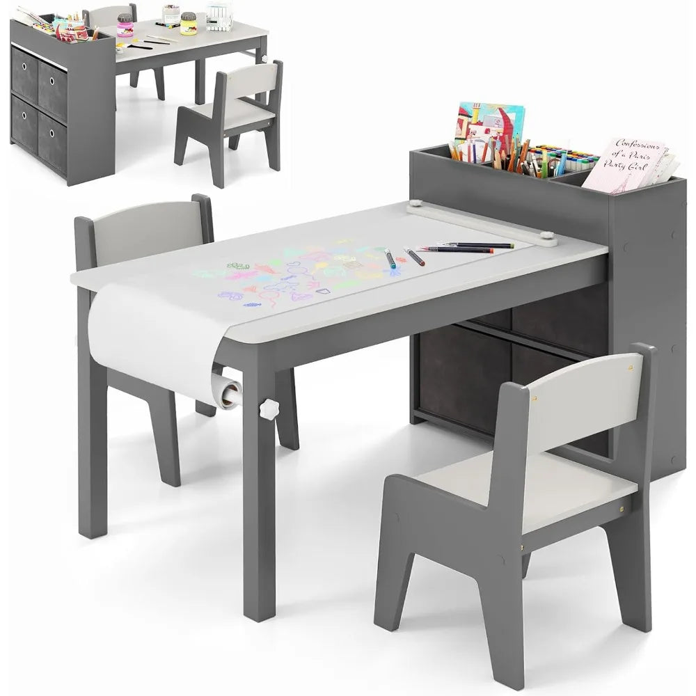 Wooden Kids Art Table with Chairs and Storage