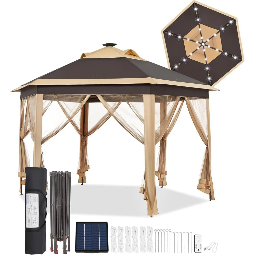 13x13 Pop Up Hexagonal Gazebo with Mesh Sides and Solar LED Lights