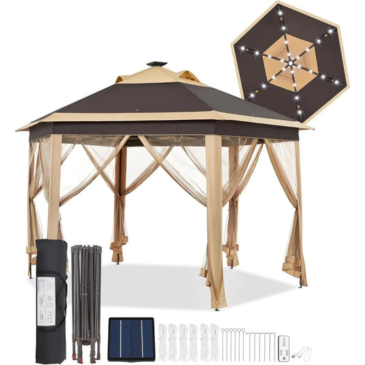 13x13 Pop Up Hexagonal Gazebo with Mesh Sides and Solar LED Lights