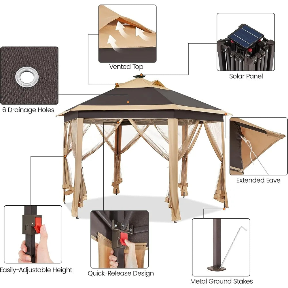 13x13 Pop Up Hexagonal Gazebo with Mesh Sides and Solar LED Lights