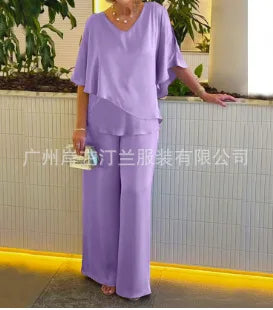 Women's 2 Piece V Neck Wide Leg Pants Set 2025 Purple. Red. Milky