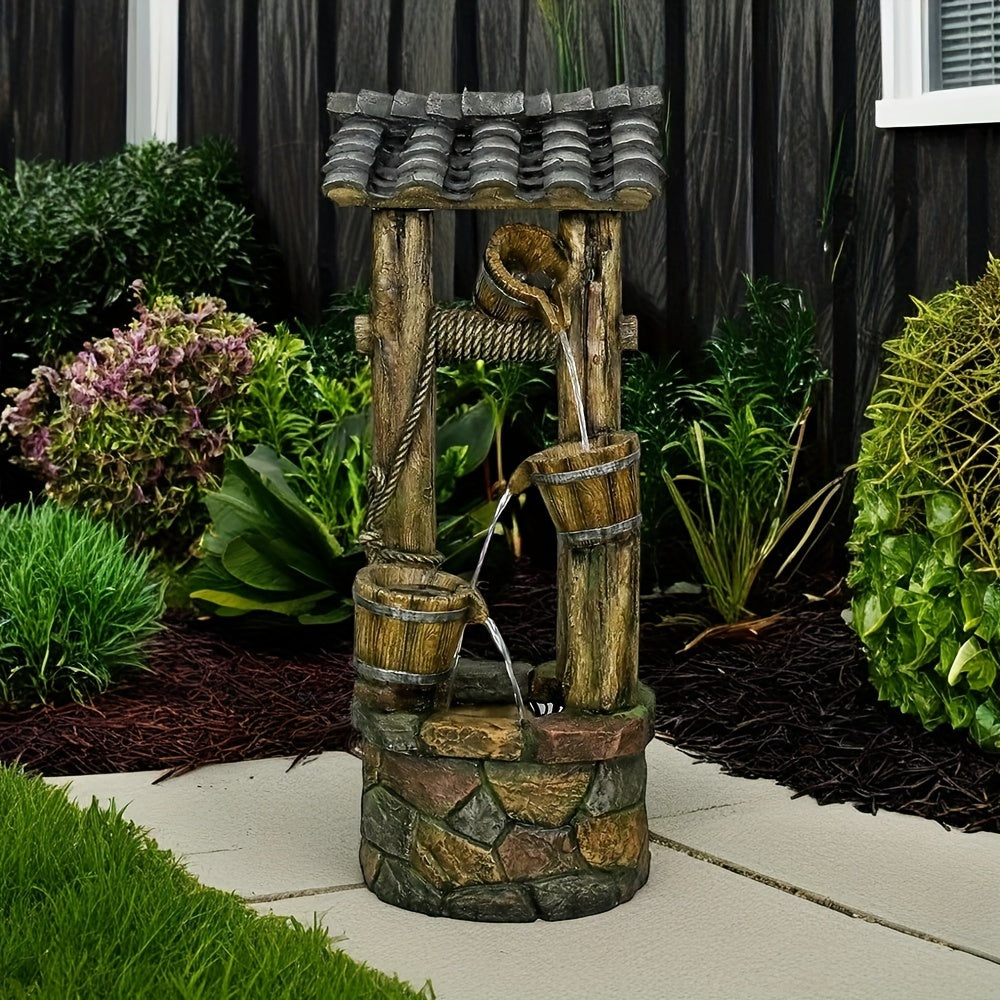 Rustic Wishing Well Water Fountain With Buckets, Pump & Lights.