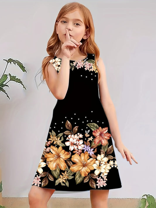 Dark Flowers Digital Print Girls Sleeveless Dress.