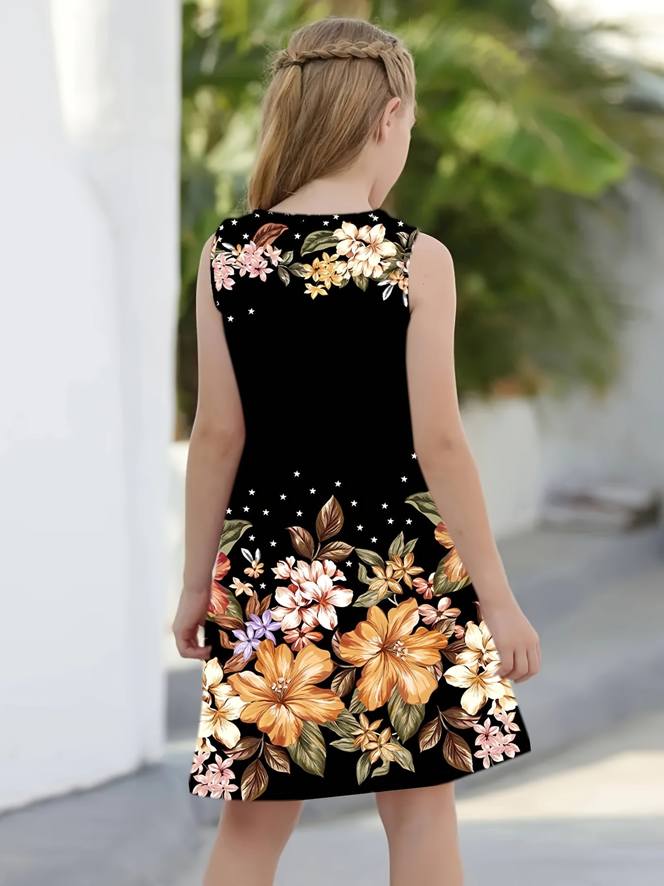 Dark Flowers Digital Print Girls Sleeveless Dress.