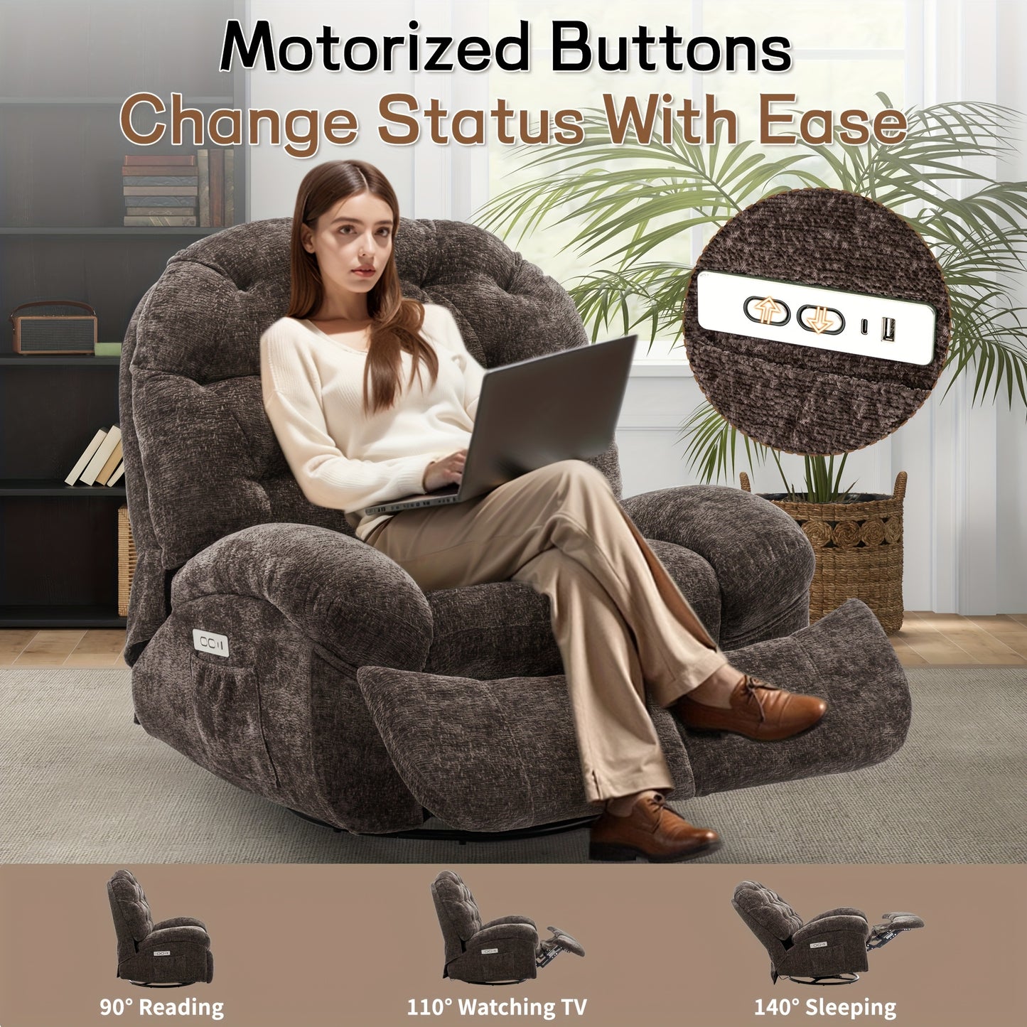 Electric Chenille Recliner Chair with USB Ports