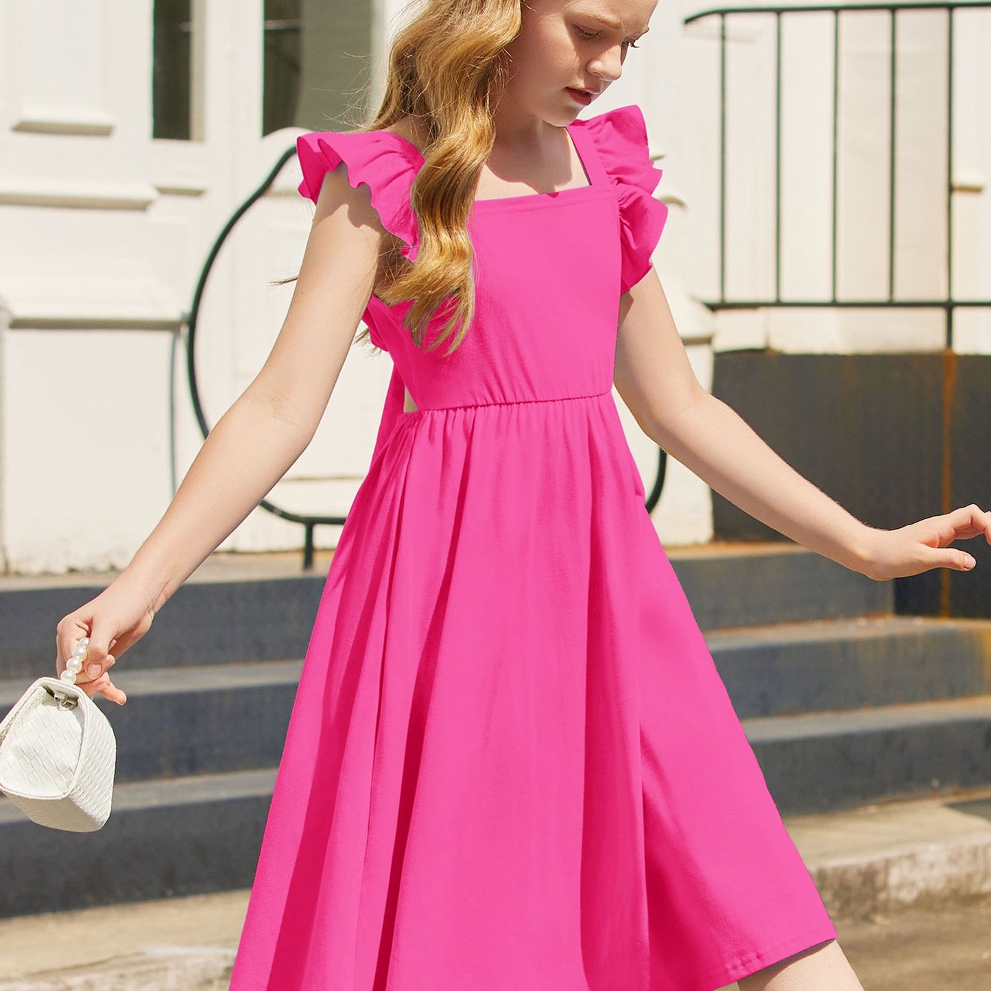 Girls Summer Midi Dress with Ruffle Sleeves and Pockets