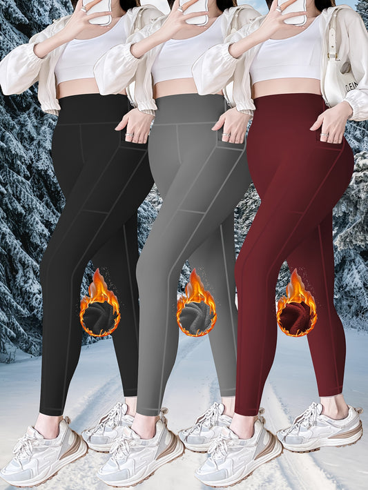 Ladies High Waist Plus Fleece Casual Leggings, 3-piece Set Leggings.