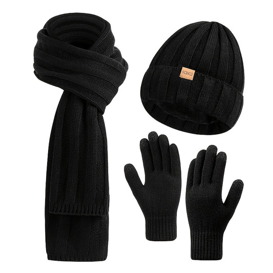 3pcs Winter Knit Beanie, Scarf, and Touchscreen- Gloves