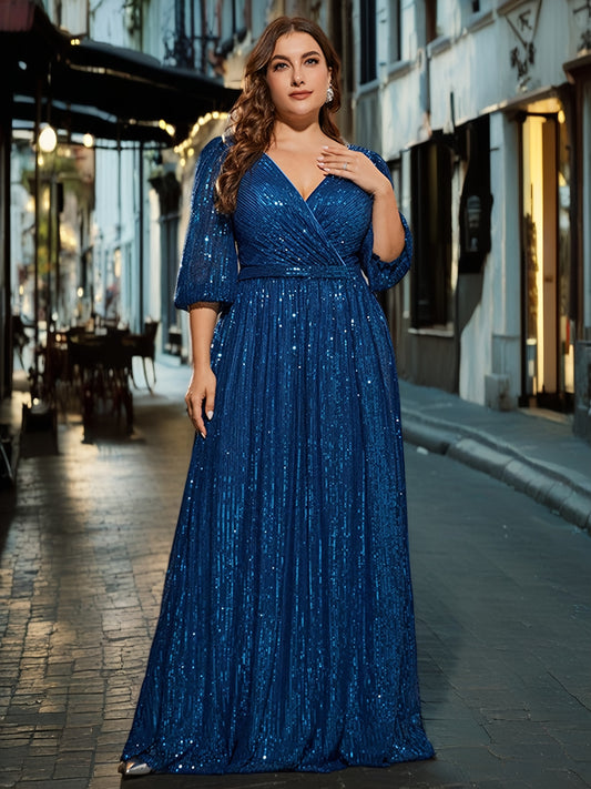 Plus Size Elegant Sequined V-Neck Long Dress, Read More