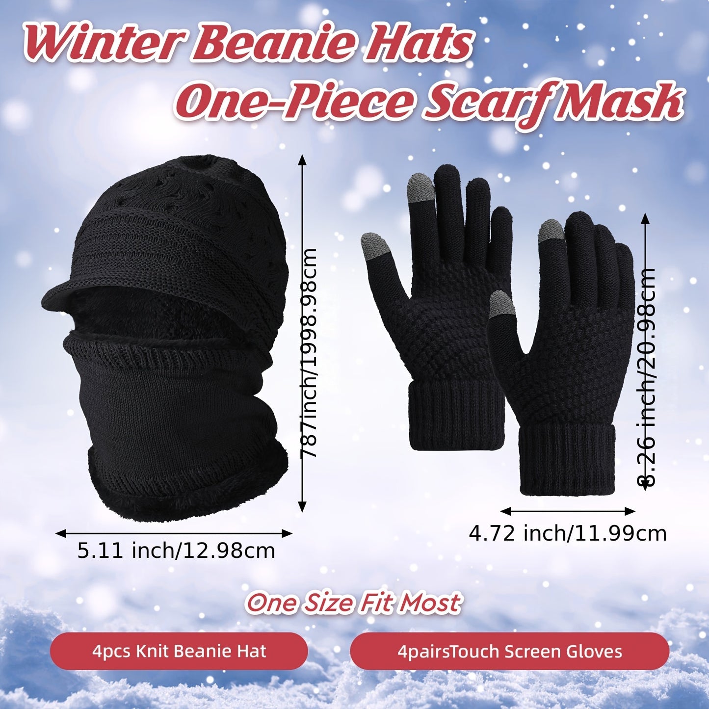 8pcs Winter Beanie Hats. Scarf. Mask. Touchscreen Gloves.