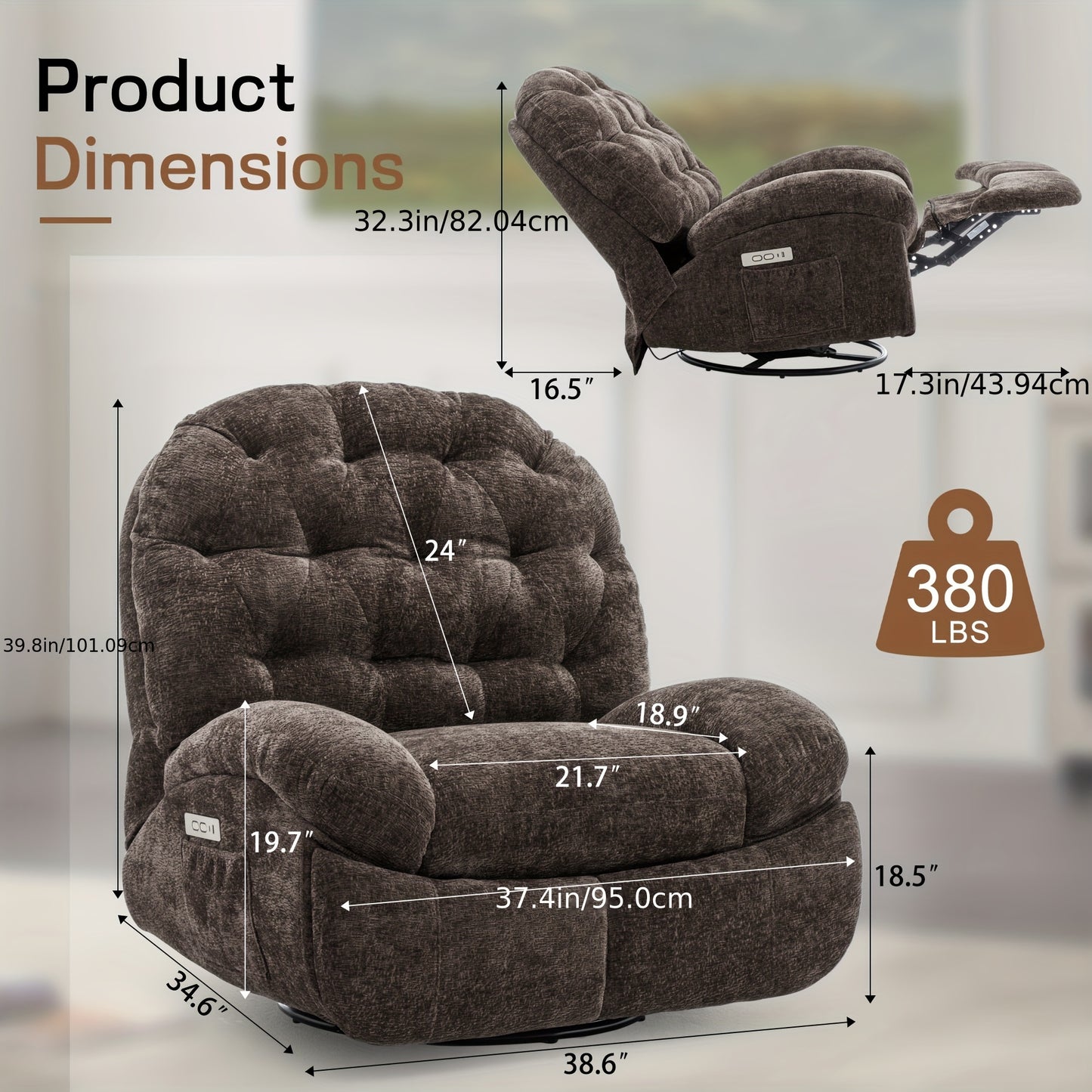 Electric Chenille Recliner Chair with USB Ports