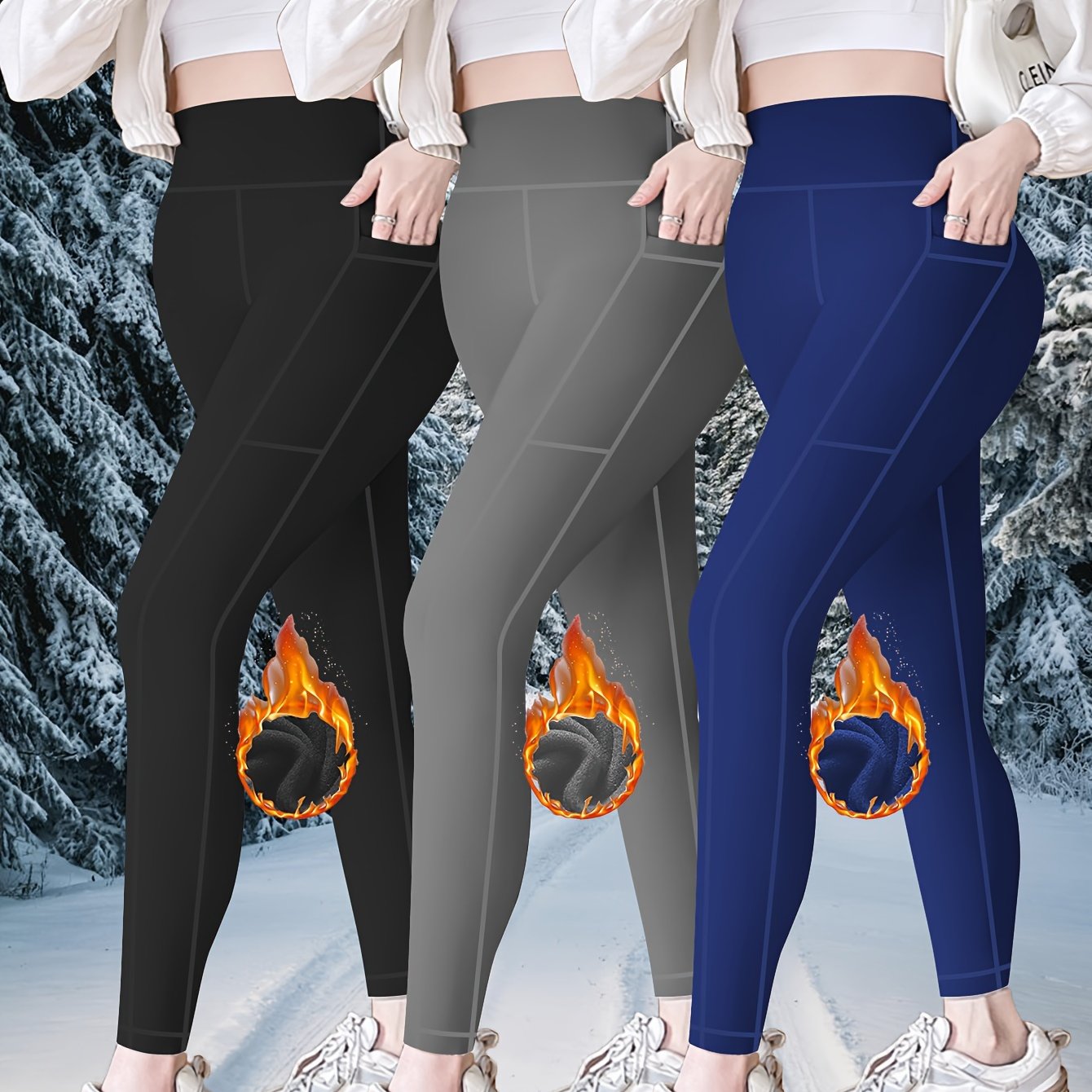 Ladies High Waist Plus Fleece Casual Leggings, 3-piece Set Leggings.