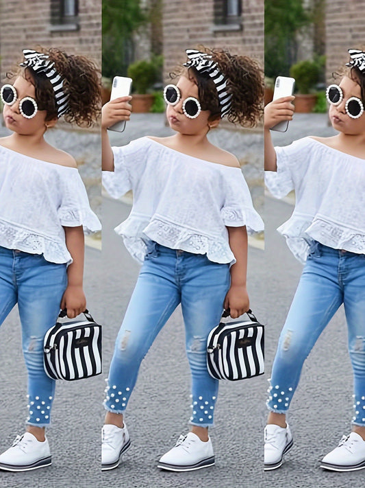 Girls Denim Outfits Off Shoulder Shirt + Pants Jeans